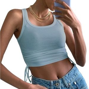 Artfish Women's‎ Sleeveless Ribbed Drawstring Side Ruched Scoop Crop Tank Top